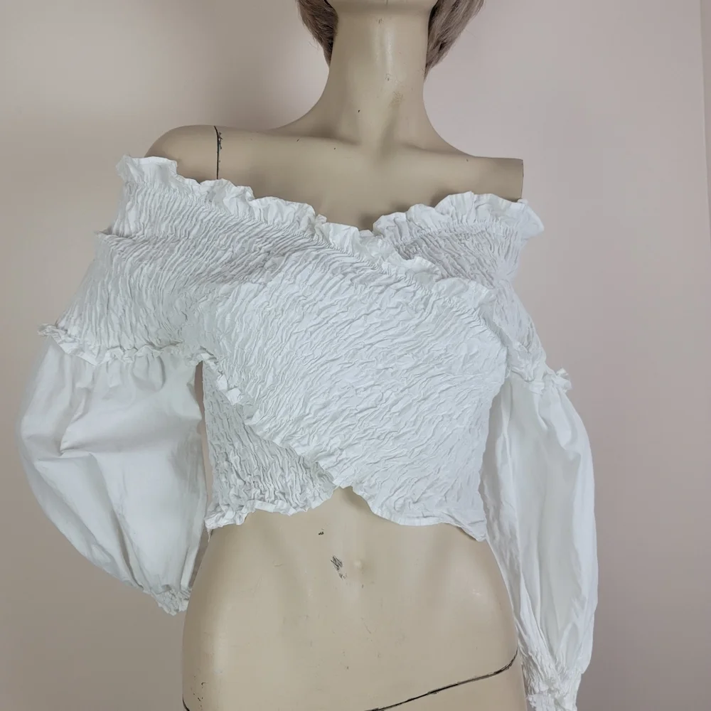Zara White Smocked Wrap Crop Top 100% Cotton Size Medium